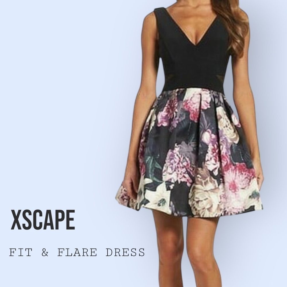 NWT Xscape Black & Pink Floral Fit-and-Flare Dress - Picture 2 of 10